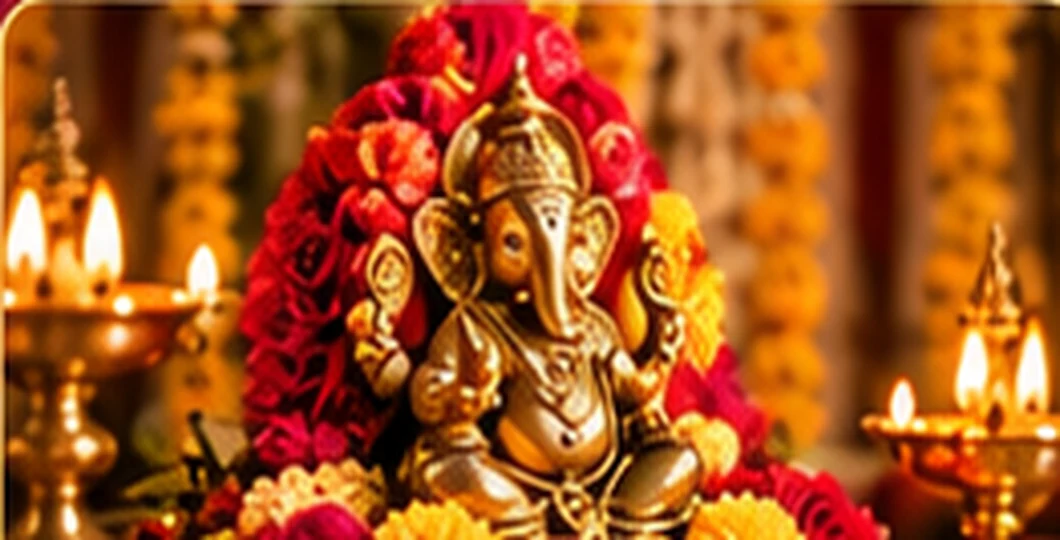 Traditional floral Lord Ganesh altar lit by warm wedding lights