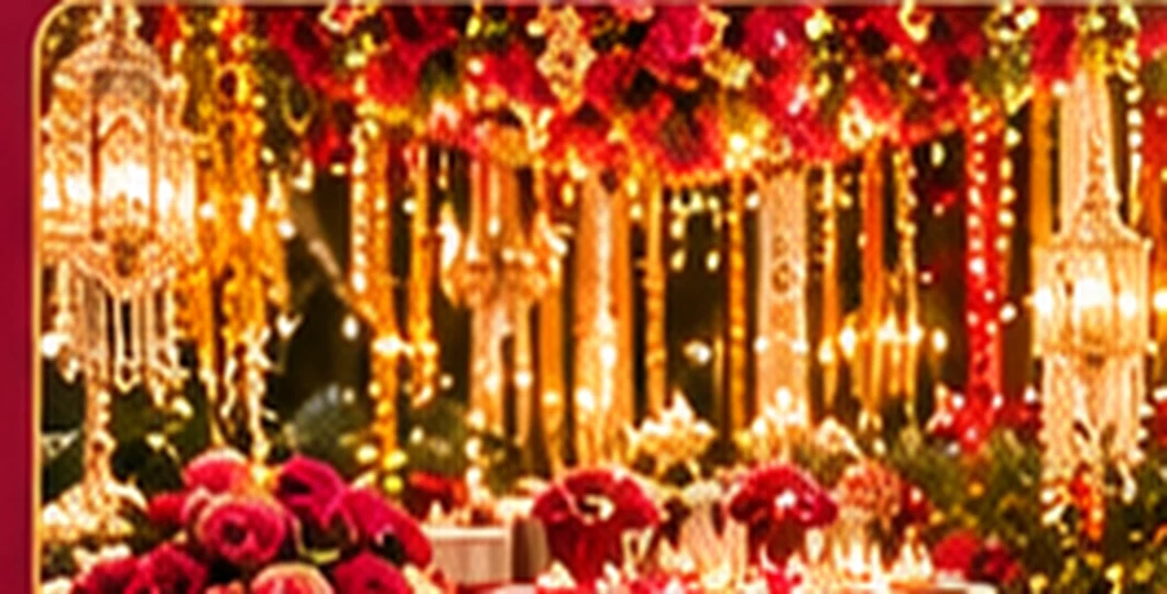 Glowing floral reception decorations, chandeliers and golden wedding lights