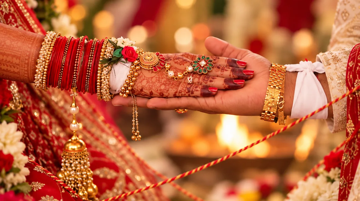 Hast Melap: bride’s mehndi-decorated hand with red bangles and gold jewellery resting in the groom’s hand, tied with a sacred wedding thread